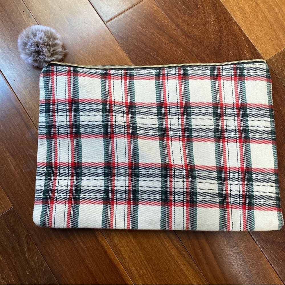 Tartan Plaid Zipper Pouch Clutch 13" x 9" Pom Pom Zip Red Black